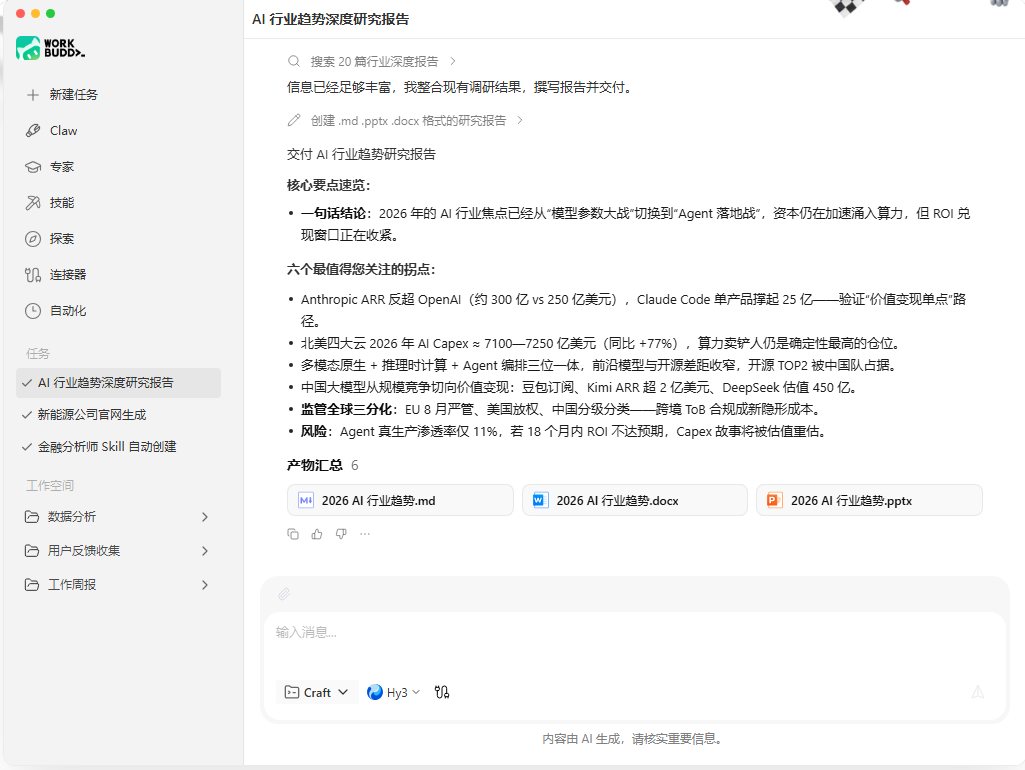AI 工作台界面：左侧为新建任务、专家、技能、连接器与工作空间，右侧为任务执行与产物交付面板
